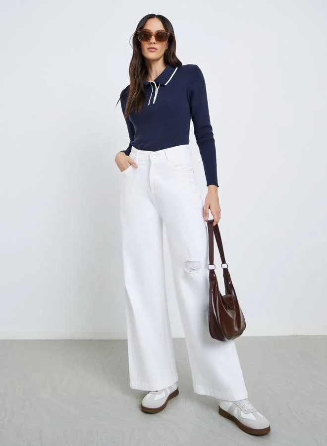 Styli Styli Textured Ribbed Long Sleeve Polo Top