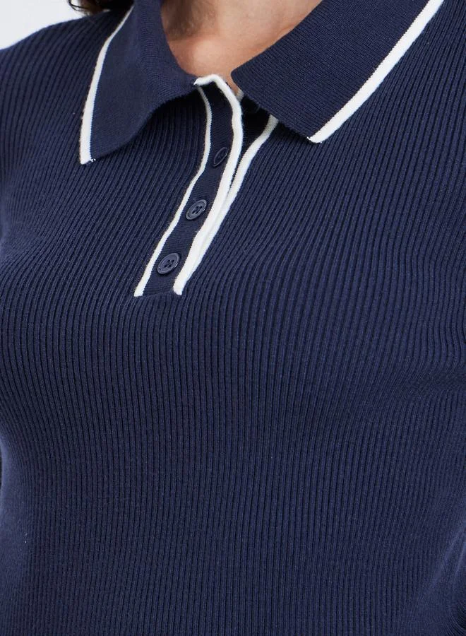 Styli Styli Textured Ribbed Long Sleeve Polo Top