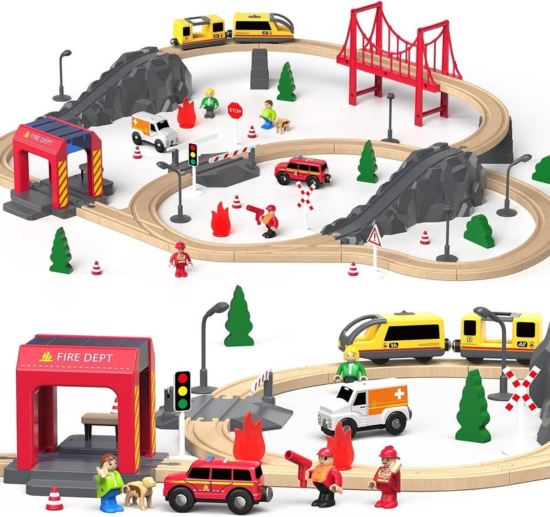 Giant bean 72PCS Fire Station Wooden Train Track Electric Train Set Gift Packed Toy Railway Kits for Kids Toddler Boys and Girls 345 Years Old and Up Christmas Birthday Gift Toy for Kids - Image 2
