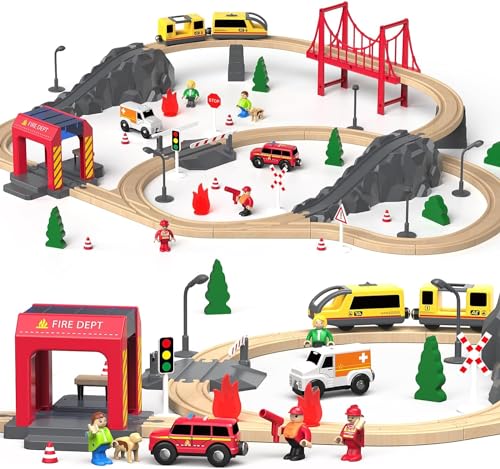 Giant bean 72PCS Fire Station Wooden Train Track Electric Train Set Gift Packed Toy Railway Kits for Kids Toddler Boys and Girls 345 Years Old and Up Christmas Birthday Gift Toy for Kids - Image 1