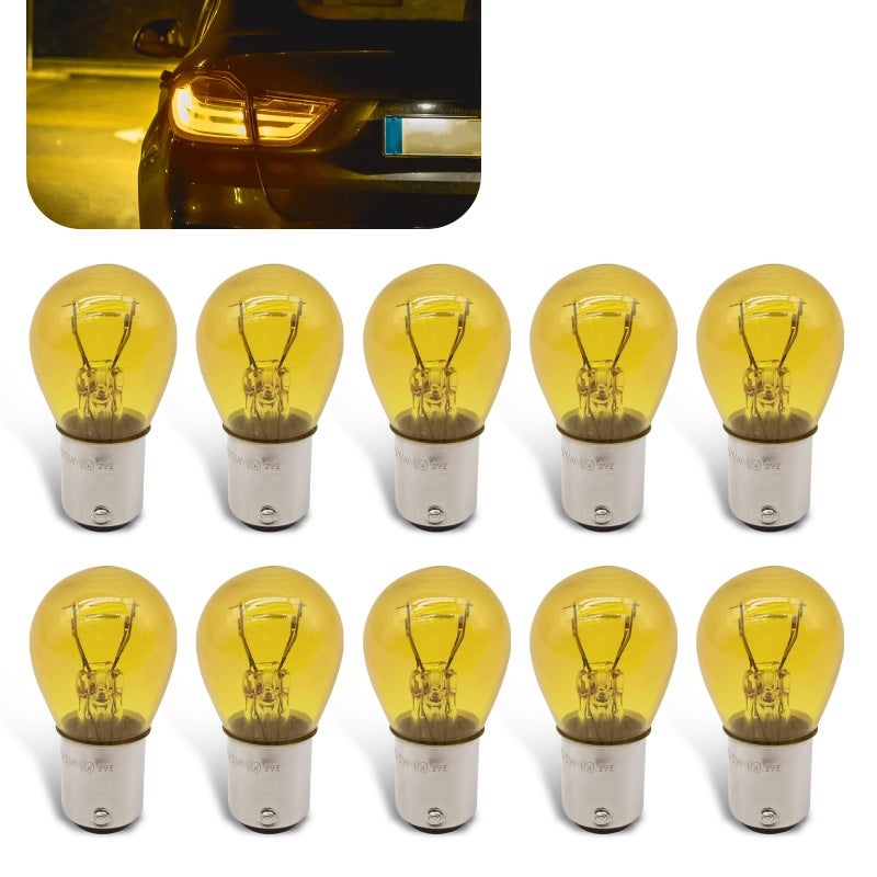 Flygun 10 PCS Car 1157 P215W S25 BAY15D Bulb Double Tail High and Low Brake Lamp Turn Signal Light Bulb LongerLife Replacement Universal Halogen Brake Tail Lamp Parking Light Yellow