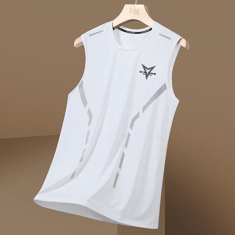 Summer Mens Ice Silk Back Breathable Heart Sports Fitness Base Shirt Wide Shoulder Training Sleeveless T-shirt Shoulder Quick-drying Triangle white [vest side rod]] 