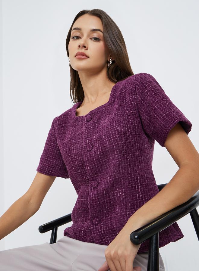 Styli Purple Tweed Look Buttoned Top - Image 3