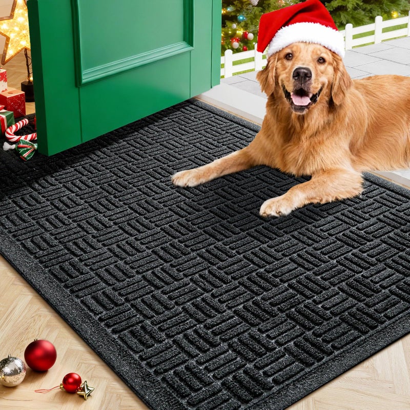 Mibao Front Door Mat Indoor Outdoor Entrance, Dirt Trapping Waterproof All-Season, All-Weather Doormat, Non-Slip Durable Natural Rubber Low Profile Easy Clean Patio Entrance Mat, 29.5" x 17", Black - Image 1