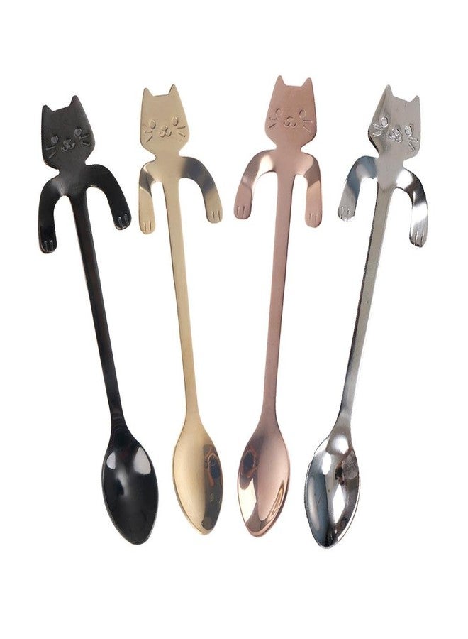 OBANGONG 4 Pcs Coffee Spoon Set - Mini Cat Hugging Kitty Tea Soup Sugar Dessert Appetizer Seasoning Bistro Hanging Cup Spoon - Image 1