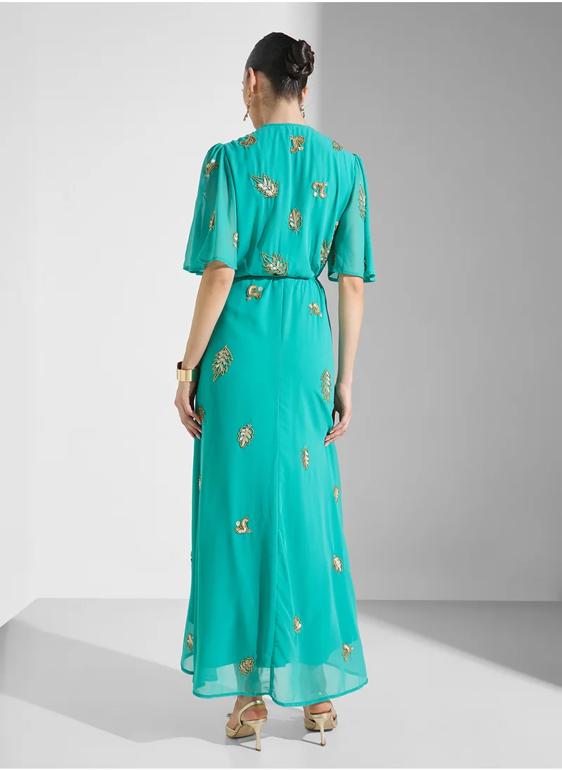 Hope & Ivy Embellished Flutter Sleeve Wrap Dress