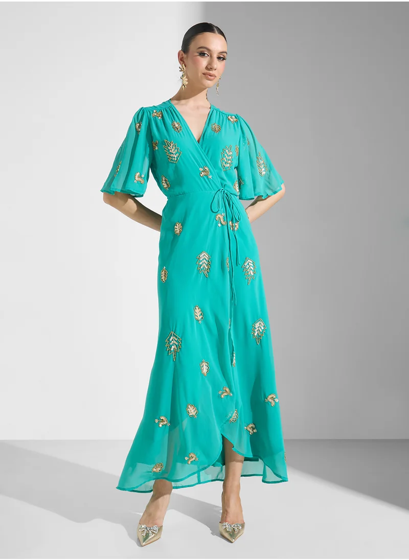 Hope & Ivy Embellished Flutter Sleeve Wrap Dress