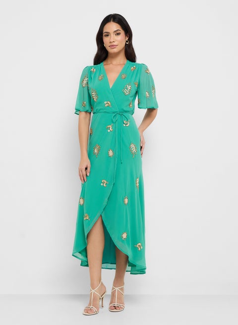 Embroidered Wrap Dress