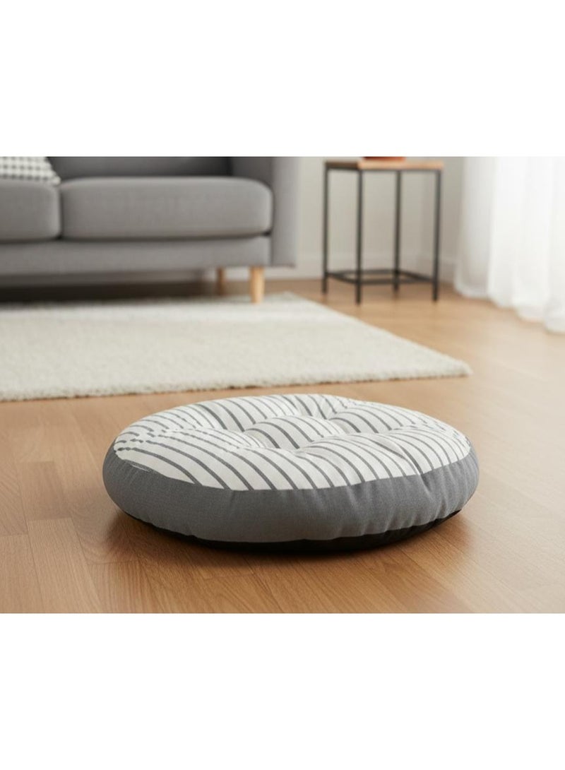 أي كي دي سي وسادة أرضية قطنية دائرية كبيرة من AKDC - بيضاء بنقشة مخططة رمادية، وسادة جلوس مريحة، 55×55×12 سم - Image 2