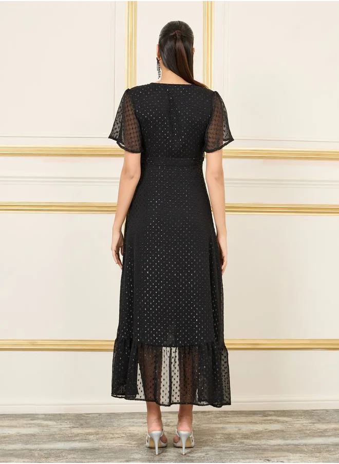 Styli Dobby Asymmetric Hem Wrap Midi Dress