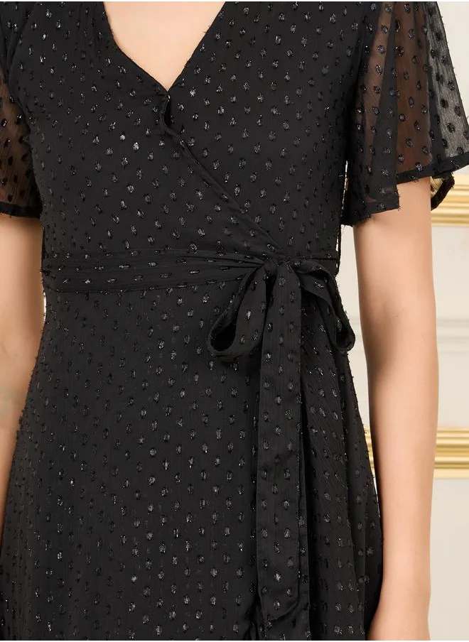 Styli Dobby Asymmetric Hem Wrap Midi Dress