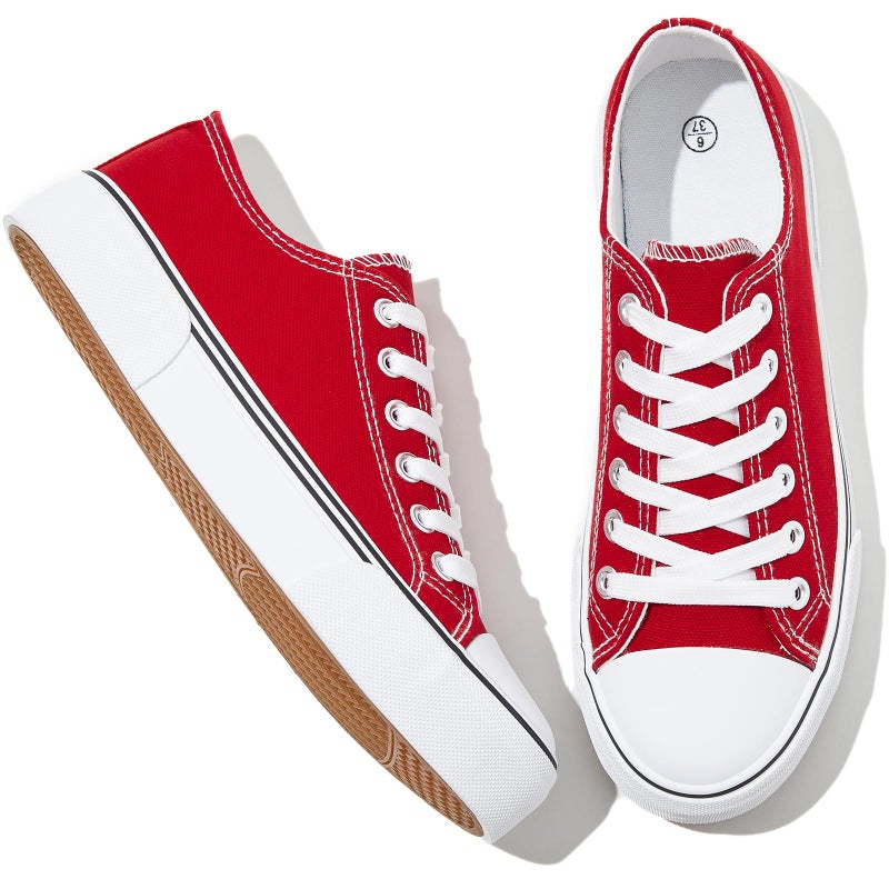 Adokoo Canvas Tennis Shoes for Women Low Top Casual White Red Sneakers for Women Lace Up Fashion Comfortable Walking Shoes (Red,9) - Image 1