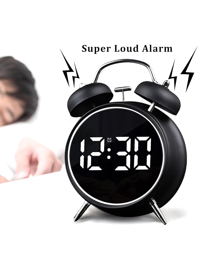 erorex Digital Twin Bell Alarm Clock 4.5 Inch Led Display Usb Rechargeable Battery Operated Silent Metal Alarm Clock Night Light Loud Bell For Heavy Sleepers Adults Kids Office Bedroom Black - Image 3