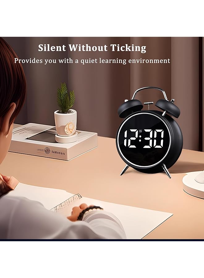 erorex Digital Twin Bell Alarm Clock 4.5 Inch Led Display Usb Rechargeable Battery Operated Silent Metal Alarm Clock Night Light Loud Bell For Heavy Sleepers Adults Kids Office Bedroom Black - Image 2