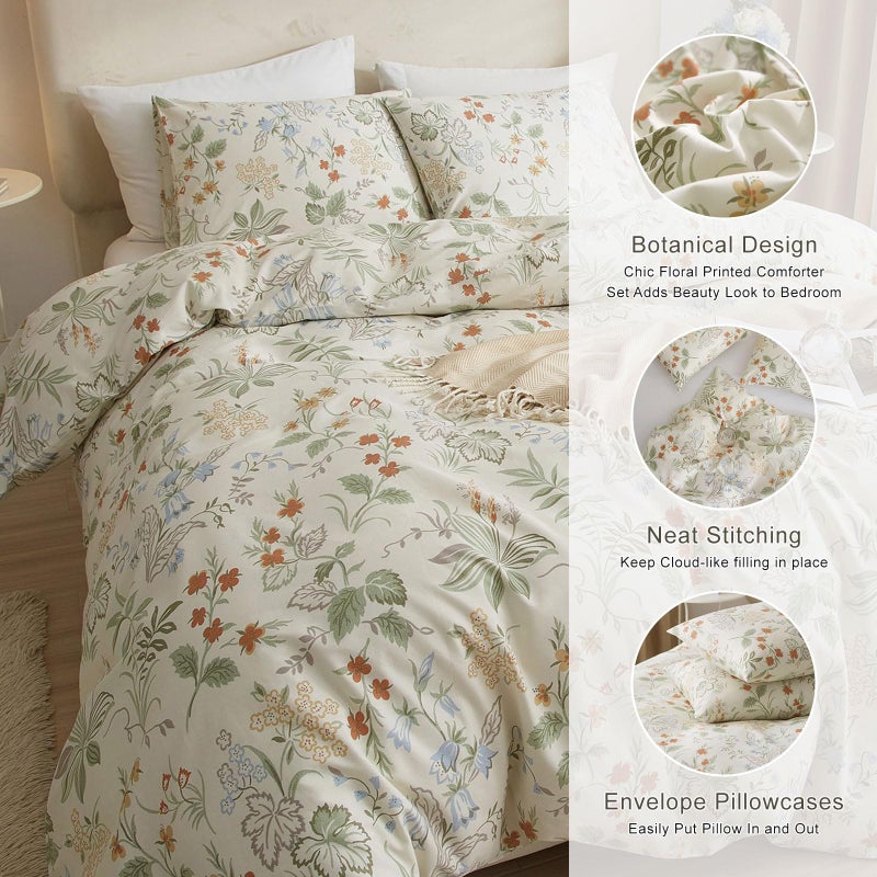 EAVD Vintage Style Garden Floral Comforter Set Full White Microfiber Chic Floral Leaves Cottagecore Bedding Set with 2 Pillowcases Reversible Botanical Aesthetic Comforter for All-Season - Image 3