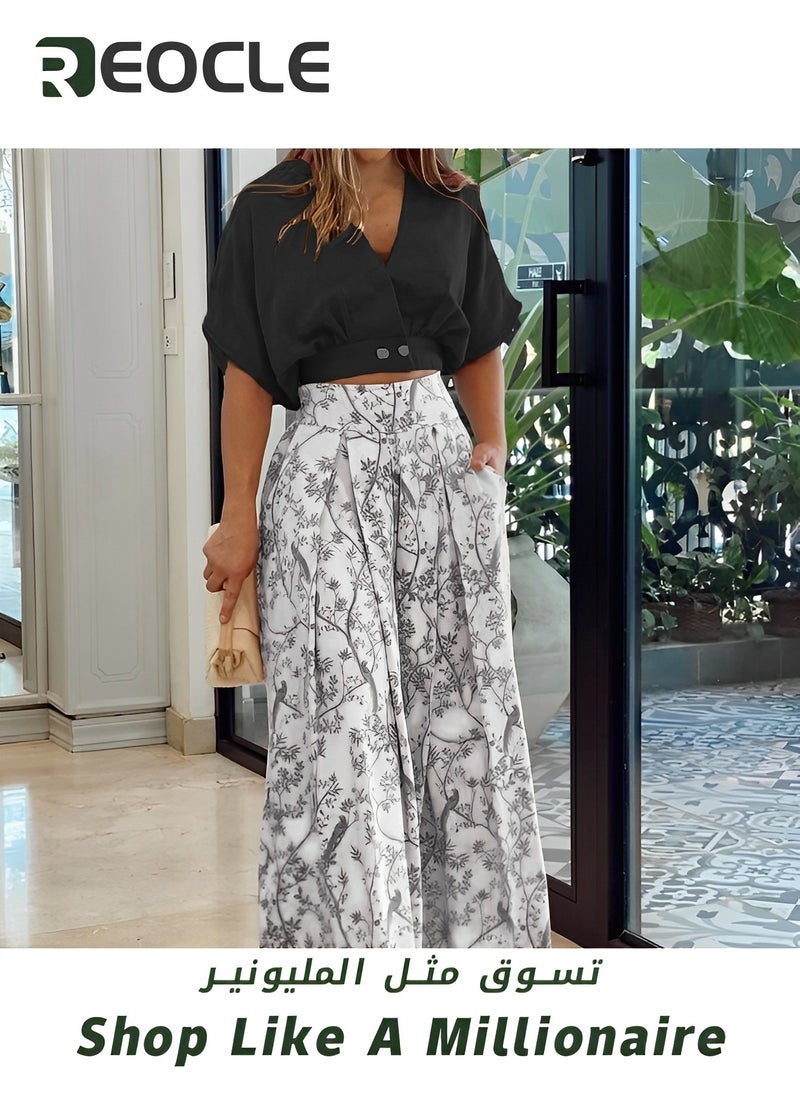 REOCLE 2 Piece Sets for Women Summer Going Out Deep V-Neck Plus Size Loose Fit Cropped Tops and Wide Leg Palazzo Pants  - Image 2