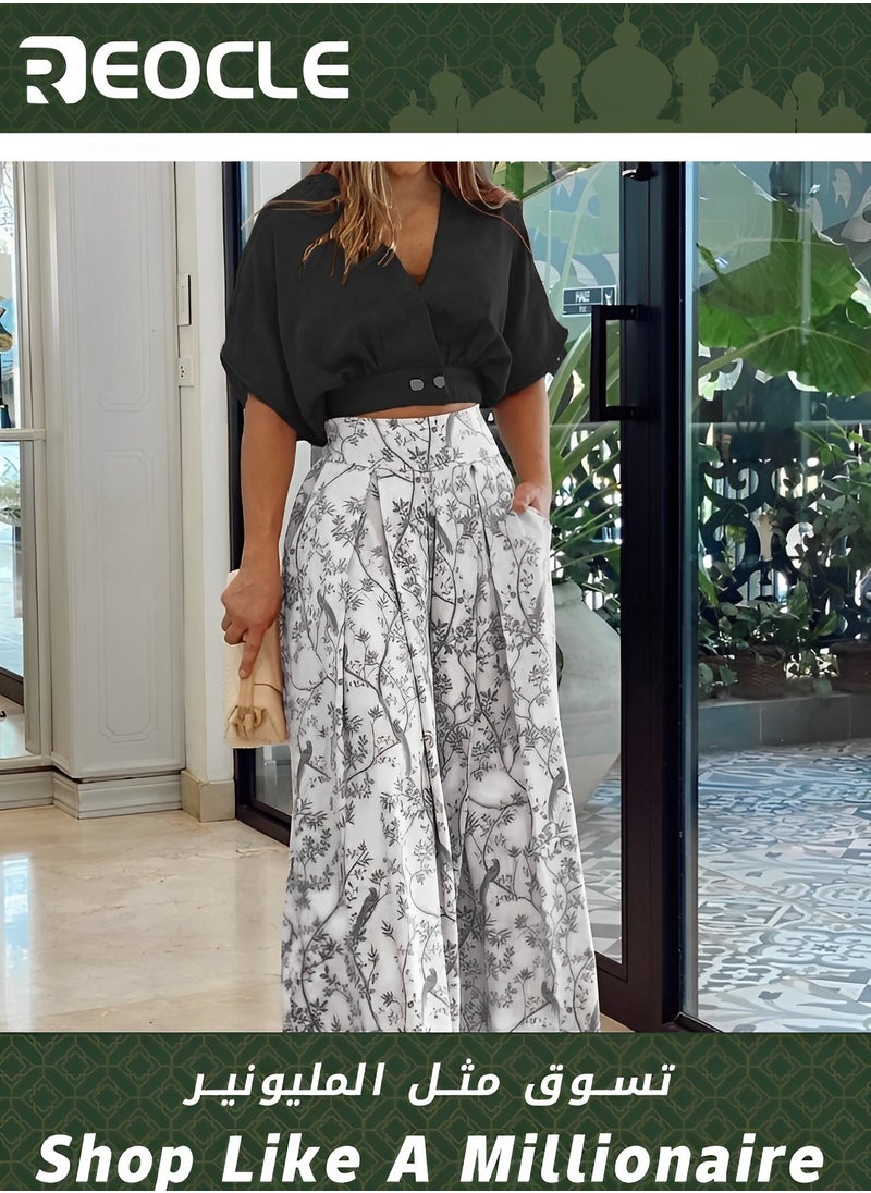 REOCLE 2 Piece Sets for Women Summer Going Out Deep V-Neck Plus Size Loose Fit Cropped Tops and Wide Leg Palazzo Pants  - Image 1
