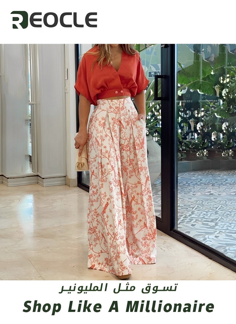 REOCLE 2 Piece Sets for Women Summer Going Out Deep V-Neck Plus Size Loose Fit Cropped Tops and Wide Leg Palazzo Pants  - Image 4