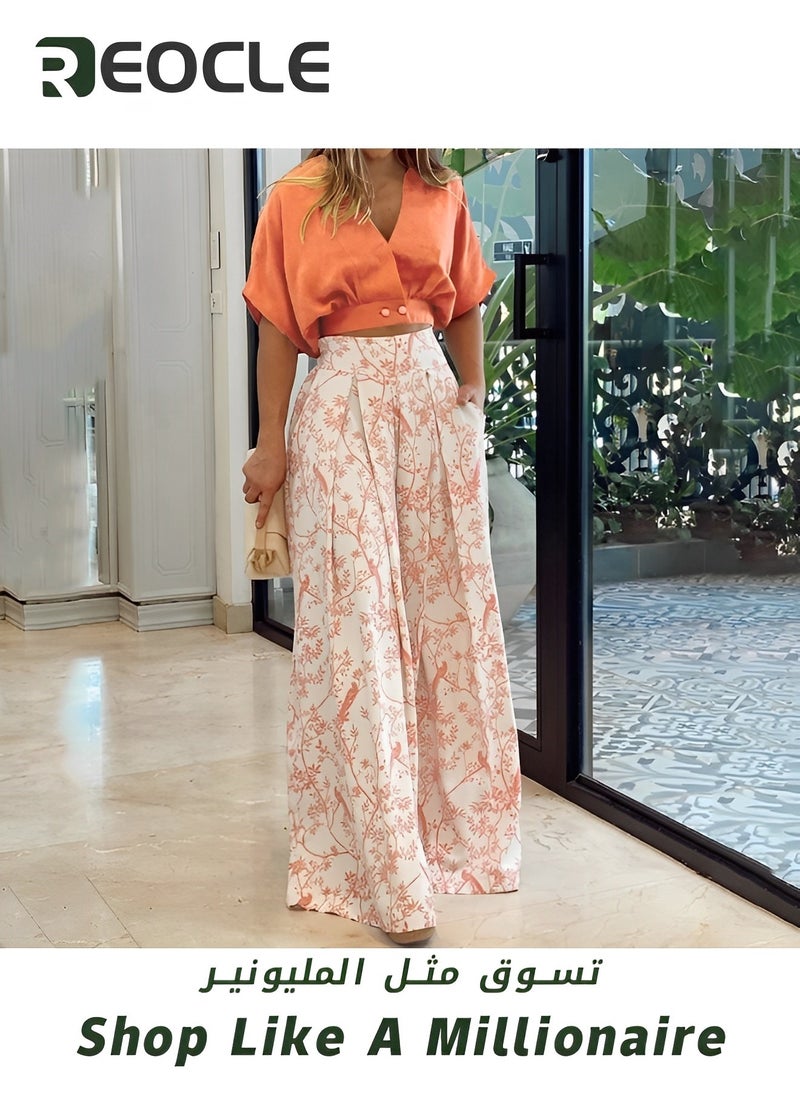REOCLE 2 Piece Sets for Women Summer Going Out Deep V-Neck Plus Size Loose Fit Cropped Tops and Wide Leg Palazzo Pants  - Image 3