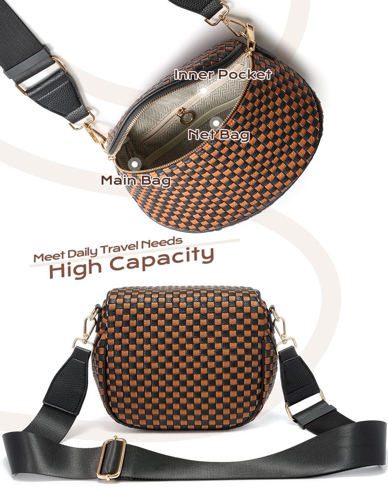 MEISEY Trendy Woven Checkered Crossbody Bum Bag for Womenï¼ŒPU Leather Checkered Purse Fanny Packs Belt Bag (Woven Bum Bag - Black-Brown) - Image 4