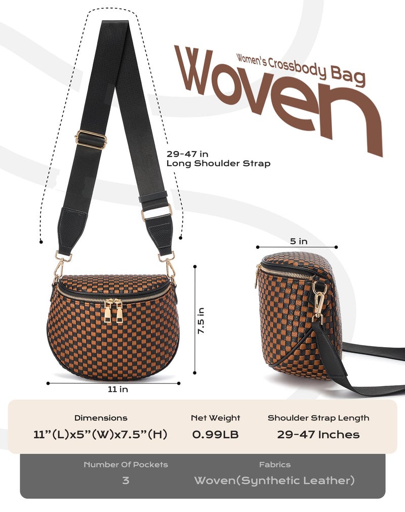 MEISEY Trendy Woven Checkered Crossbody Bum Bag for Womenï¼ŒPU Leather Checkered Purse Fanny Packs Belt Bag (Woven Bum Bag - Black-Brown) - Image 3