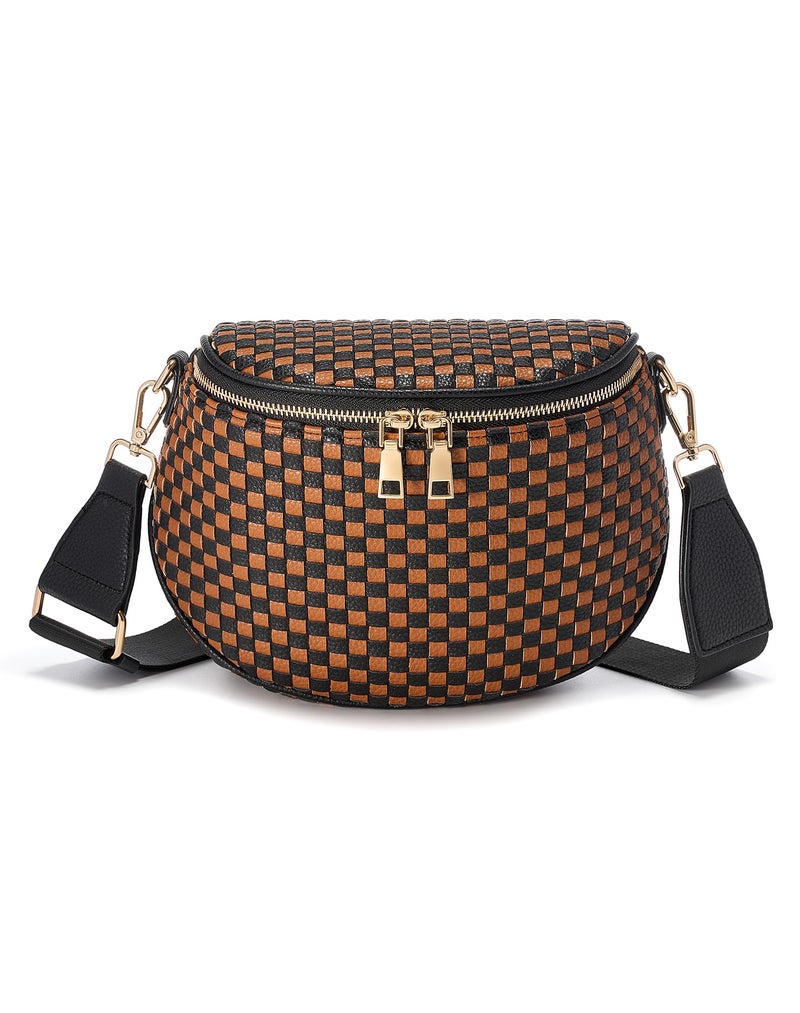 MEISEY Trendy Woven Checkered Crossbody Bum Bag for Womenï¼ŒPU Leather Checkered Purse Fanny Packs Belt Bag (Woven Bum Bag - Black-Brown) - Image 1