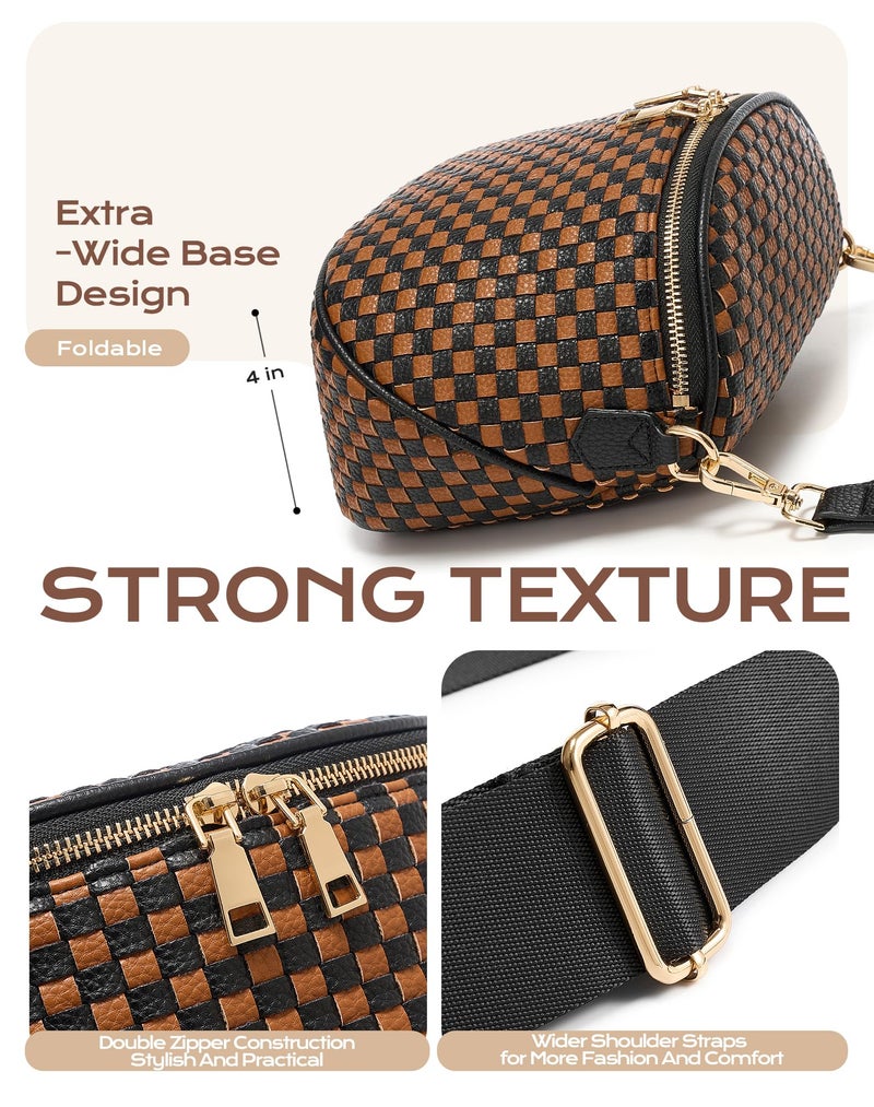 MEISEY Trendy Woven Checkered Crossbody Bum Bag for Womenï¼ŒPU Leather Checkered Purse Fanny Packs Belt Bag (Woven Bum Bag - Black-Brown) - Image 5