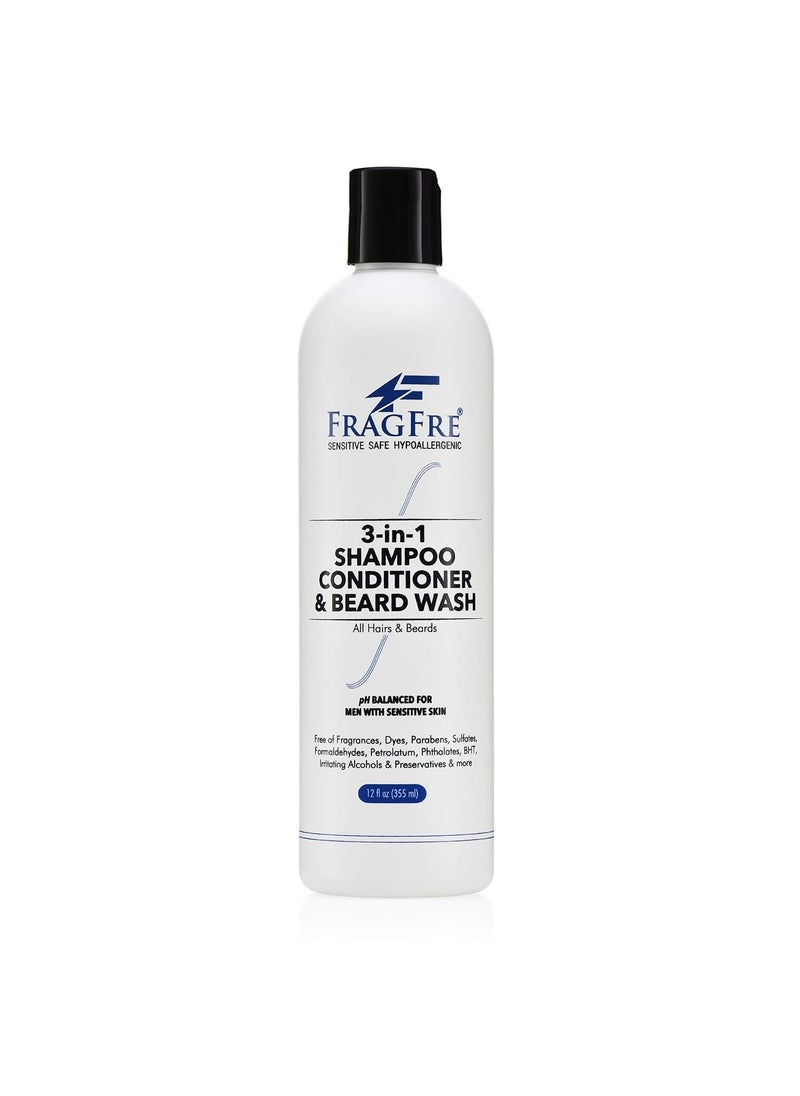 FRAGFRE Shampoo Conditioner and Beard Wash for Men, 12 oz - Unscented, Sensitive Skin, 3 in 1 Hair and Beard Cleansing and Conditioning, Grooming Product 