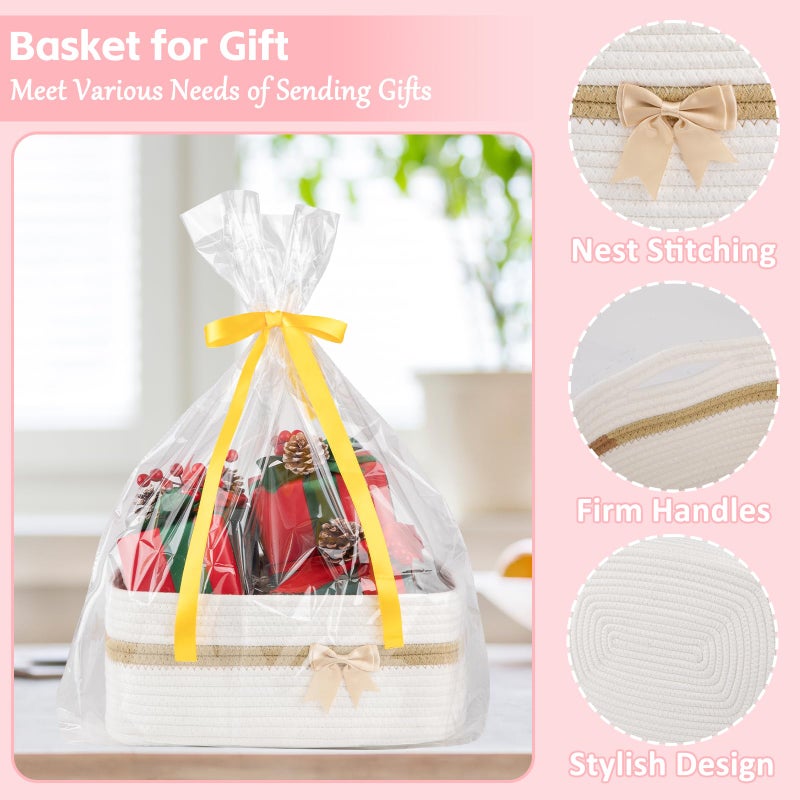 OIAHOMY Large Woven Storage Basket with Handles for Nursery Living Room Shelves, Bow Basket for Gifts Empty with Gift Bags and Ribbons for Baby Showers Pet Toy Bin - White - Image 5