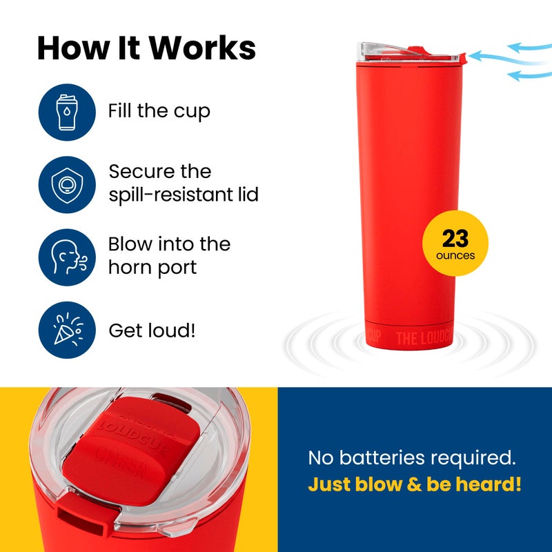 Loud Cup The LoudCup Blow Horn Tumbler, Cheer & Sip 2-in-1 Reusable Water Bottle with Built-In Horn for Sports Games, Tailgates, Parties & Events, BPA-Free, 23 oz, Siren Red - Image 3