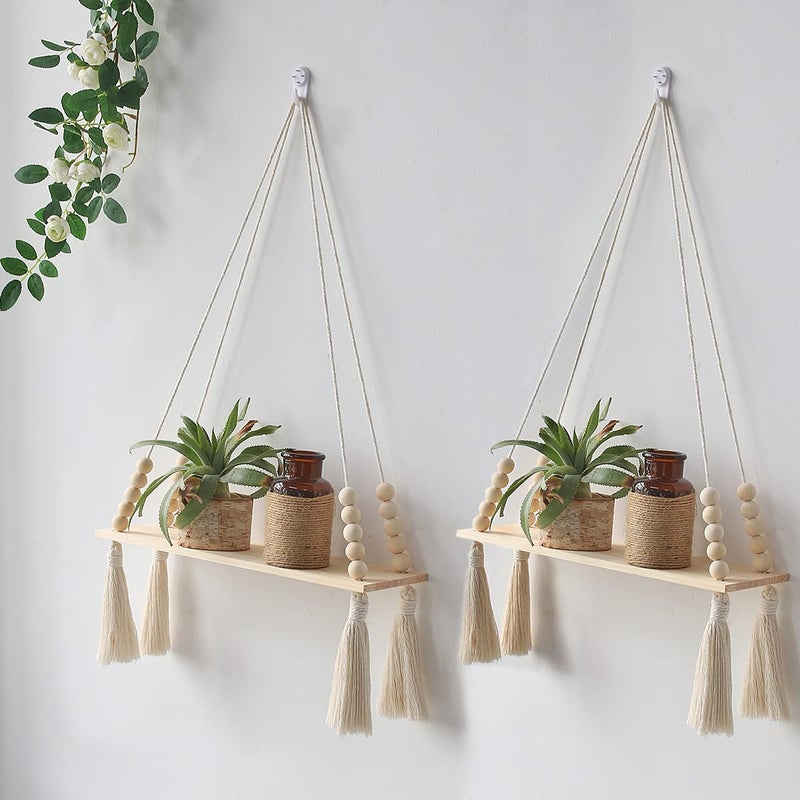 Artilady 2 Pack Wooden Wall Hanging Shelves - Macrame Hanging Plant Shelf with Tassel,Boho Storage Floating Shelves Handmade Rustic Hanger Planter Rack Pot Stand Holder - Image 1