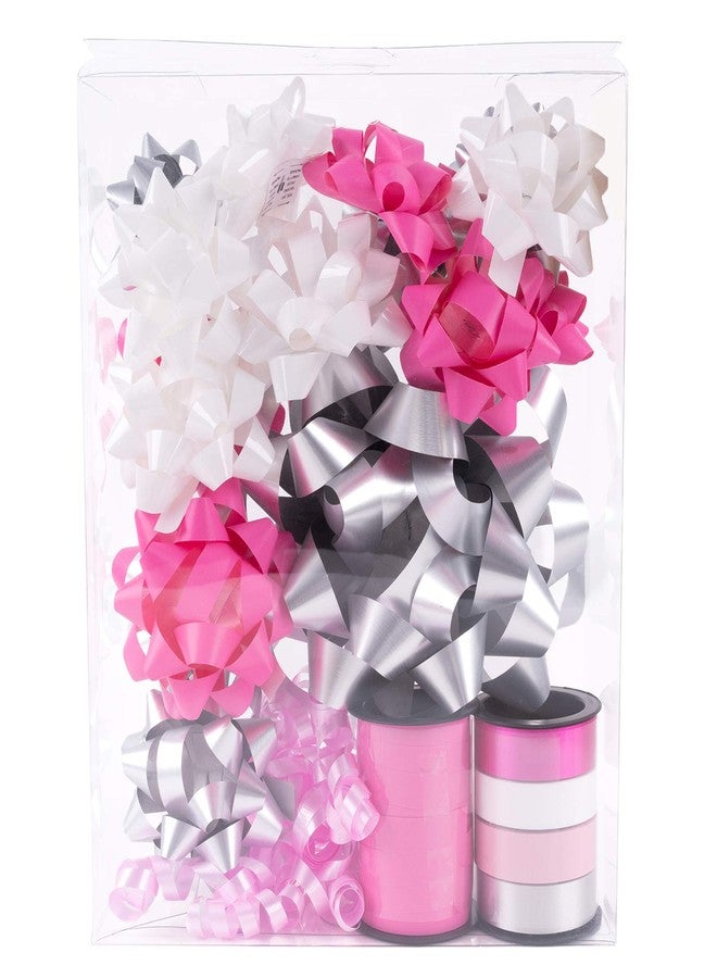 WRAPAHOLIC 19 Pcs Gift Bows Assortment - 16 Multi Colored Assorted Size Gift Bows(Pink, White, Silver, 2 Crimped Curling Ribbons, 1 Pink Curly Bows, Perfect for Christmas, Holiday, Party - Image 4