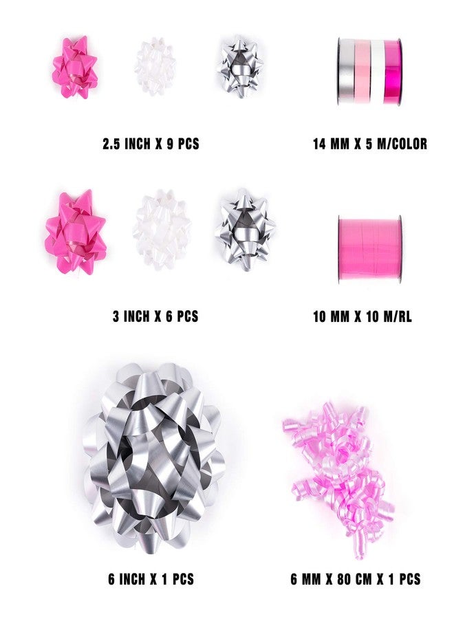 WRAPAHOLIC 19 Pcs Gift Bows Assortment - 16 Multi Colored Assorted Size Gift Bows(Pink, White, Silver, 2 Crimped Curling Ribbons, 1 Pink Curly Bows, Perfect for Christmas, Holiday, Party - Image 2