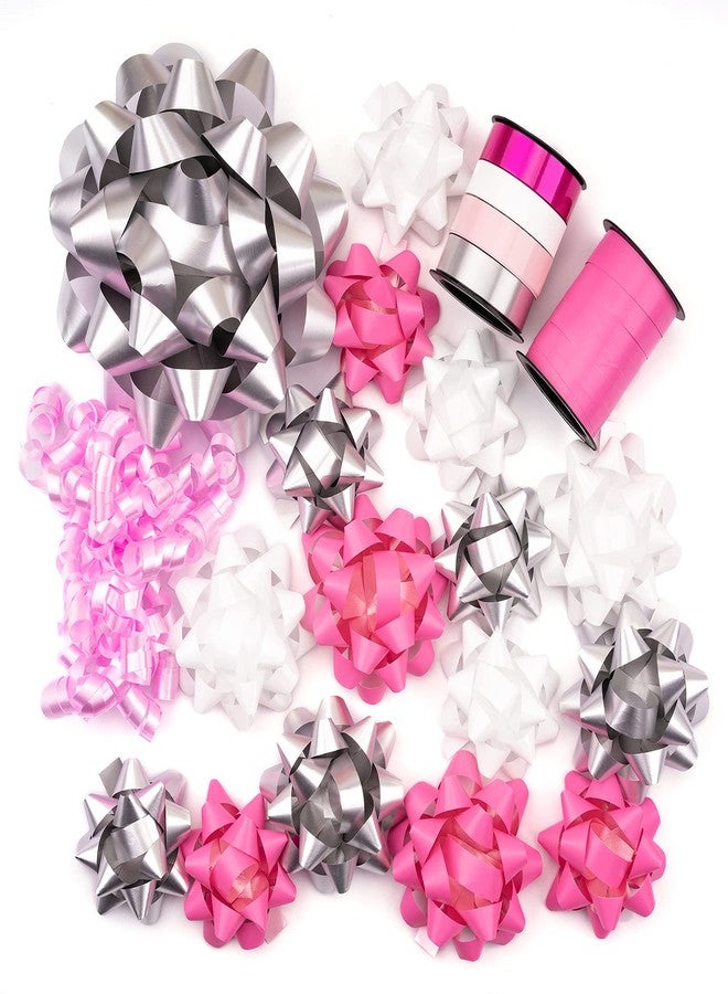 WRAPAHOLIC 19 Pcs Gift Bows Assortment - 16 Multi Colored Assorted Size Gift Bows(Pink, White, Silver, 2 Crimped Curling Ribbons, 1 Pink Curly Bows, Perfect for Christmas, Holiday, Party - Image 1