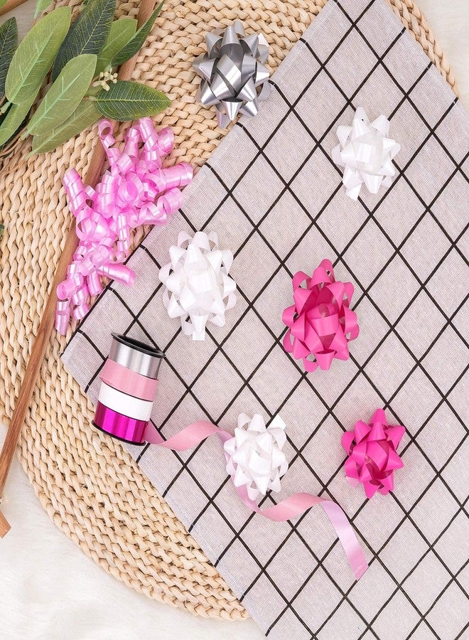 WRAPAHOLIC 19 Pcs Gift Bows Assortment - 16 Multi Colored Assorted Size Gift Bows(Pink, White, Silver, 2 Crimped Curling Ribbons, 1 Pink Curly Bows, Perfect for Christmas, Holiday, Party - Image 5