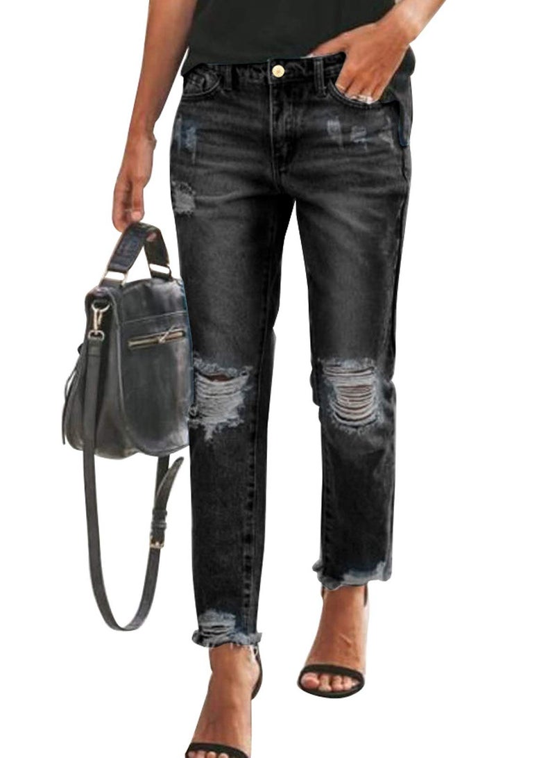 Sidefeel Women's Ripped Distressed Jeans Zimbaplatinum Stretchy Classic Boyfriend Denim Pants Size 10 Black - Image 1