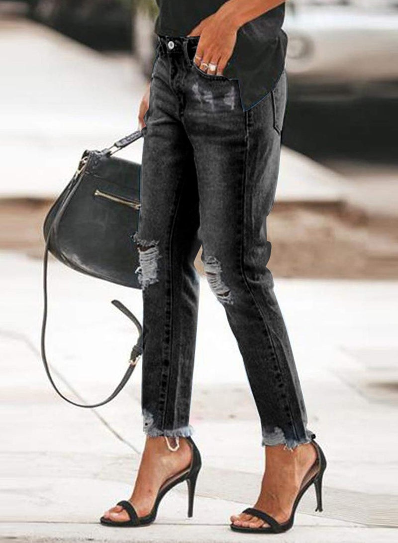 Sidefeel Women's Ripped Distressed Jeans Zimbaplatinum Stretchy Classic Boyfriend Denim Pants Size 10 Black - Image 2