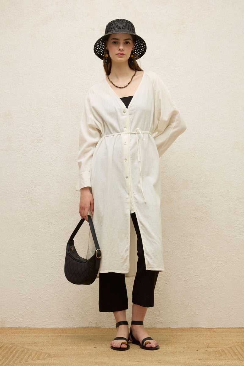 Manuka Cotton Tie-Up Long Tunic in Ecru  - Image 1
