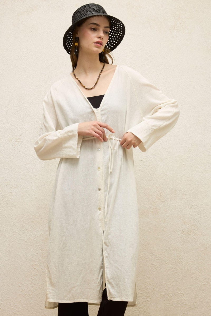 Manuka Cotton Tie-Up Long Tunic in Ecru  - Image 3