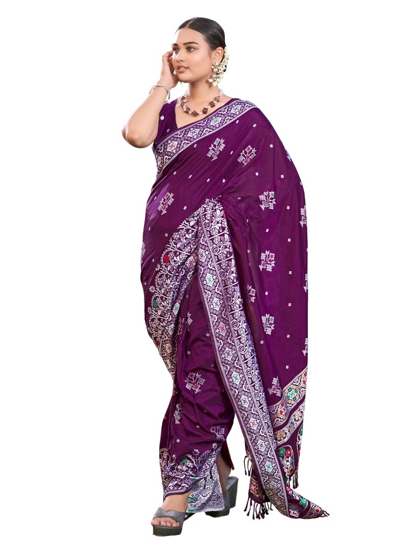 MANOHARI Women's Most Trendy Banarasi Woven Purple Saree With Heavy Jacquard Work Saree With Blouse Piece - Image 1