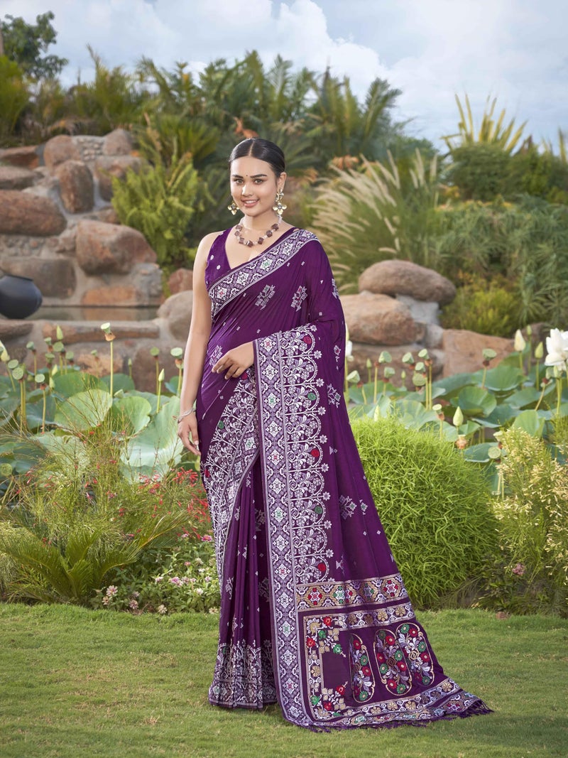 MANOHARI Women's Most Trendy Banarasi Woven Purple Saree With Heavy Jacquard Work Saree With Blouse Piece - Image 2