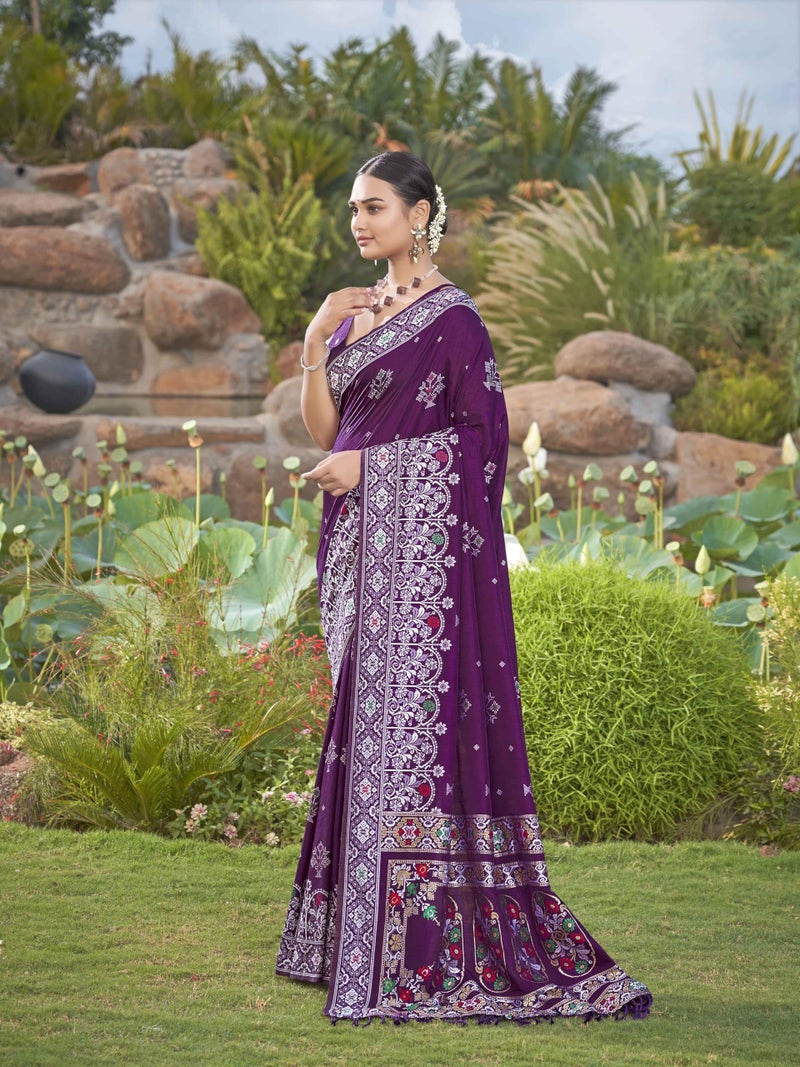 MANOHARI Women's Most Trendy Banarasi Woven Purple Saree With Heavy Jacquard Work Saree With Blouse Piece - Image 3