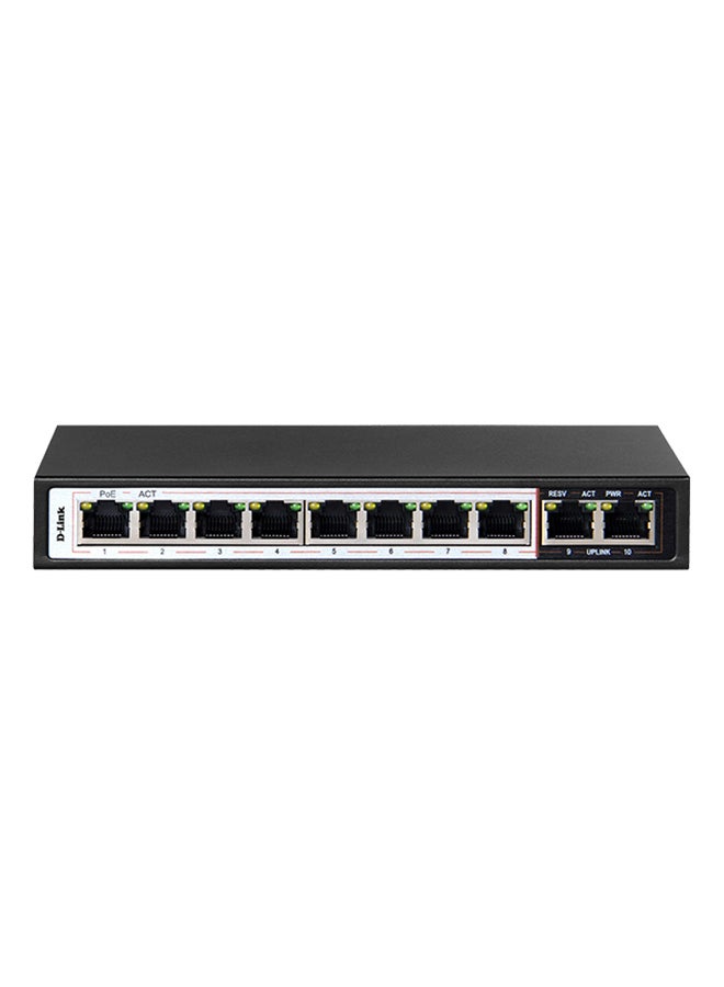 10-Port PoE Switch with 8 Long Reach 250m PoE Ports and 2 Uplink Ports Black