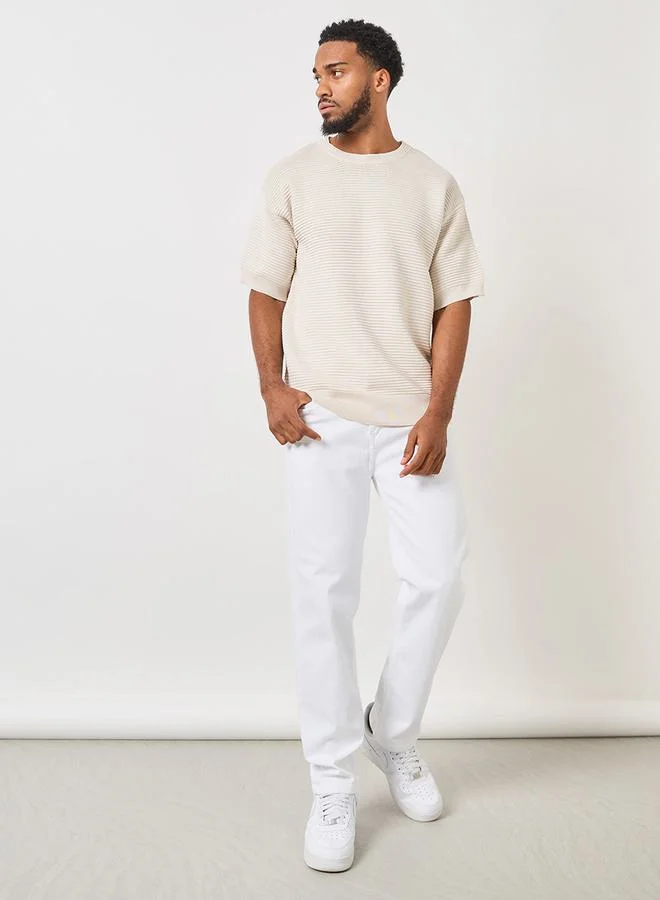 ستايلي تيشيرت بياقة دائرية منسوج بنقوش مخططة فضفاض