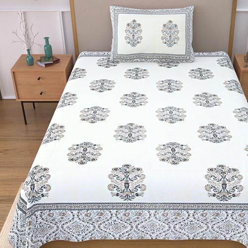 EasyGoods® 100% Pure Cotton Jaipuri Bedsheet with Pillow Covers | Soft & Breathable Fabric | Traditional Floral Print | Single Size | Brown 2 - Image 1