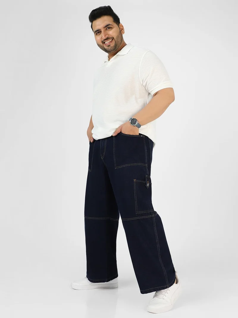 Urbano Fashion  Urbano Plus Men's Dark Blue Loose Baggy Fit Washed Cargo Jeans with 6 Pockets Non-Stretchable  | Best Price UAE