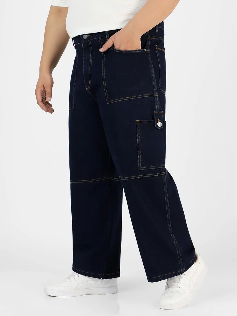 Urbano Fashion  Urbano Plus Men's Dark Blue Loose Baggy Fit Washed Cargo Jeans with 6 Pockets Non-Stretchable  | Best Price UAE