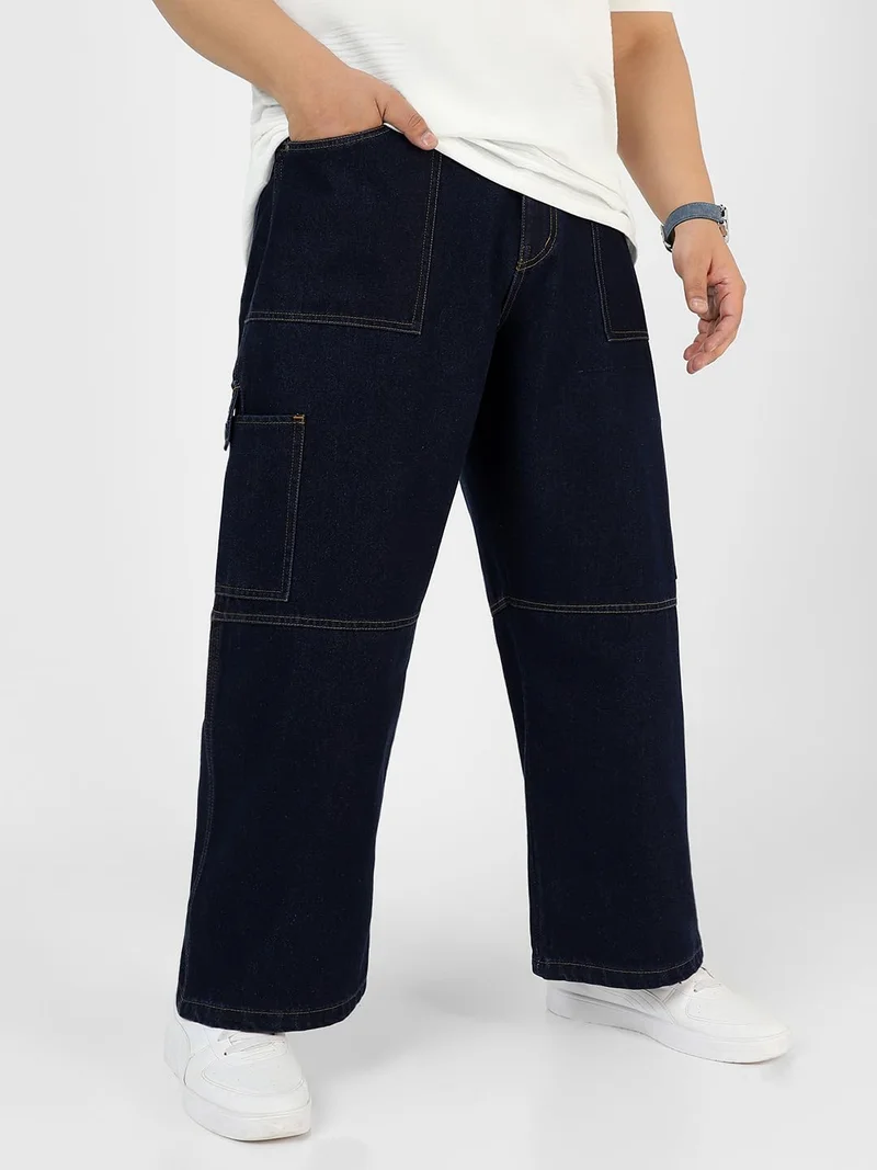 Urbano Plus Men's Dark Blue Loose Baggy Fit Washed Cargo Jeans with 6 Pockets Non-Stretchable