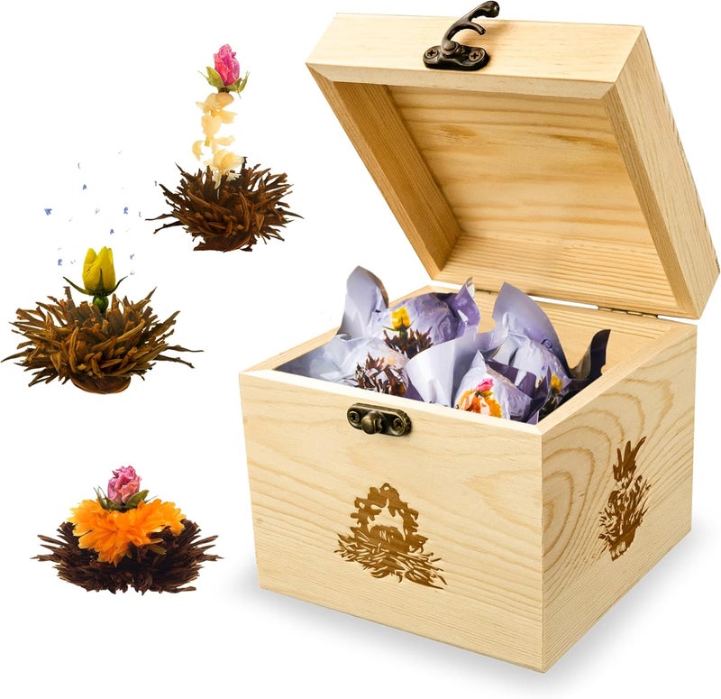 CREANO Black Tea Flowers Gift Set in Wooden Box - 6 Blooming Teas in 6 Types - Image 1