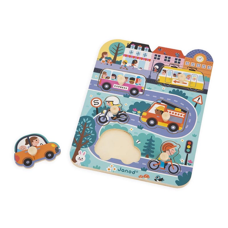 Janod - Babies’ Wooden Puzzle - 6 Pieces with Pegs - City Theme - Recessed Puzzle - Early-Learning Toy - 18 Months + J07106 - Image 4